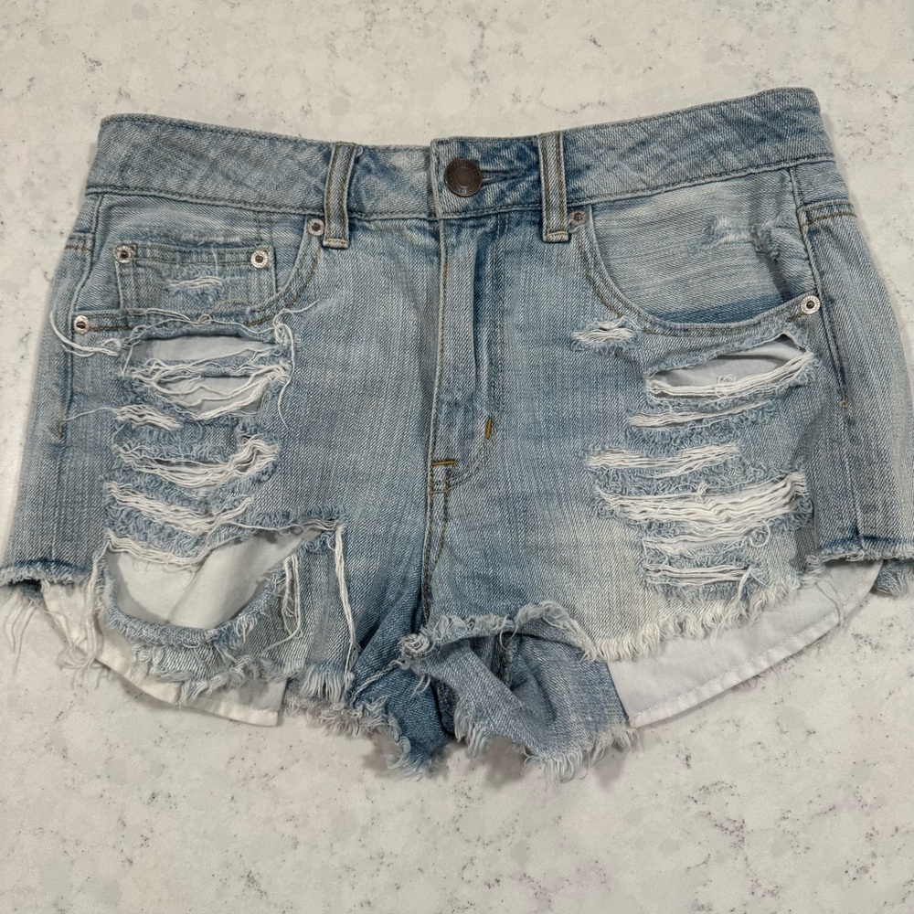 American Eagle Hi-Rise Festival Distressed Light Blue Denim Shorty Shorts Trendy